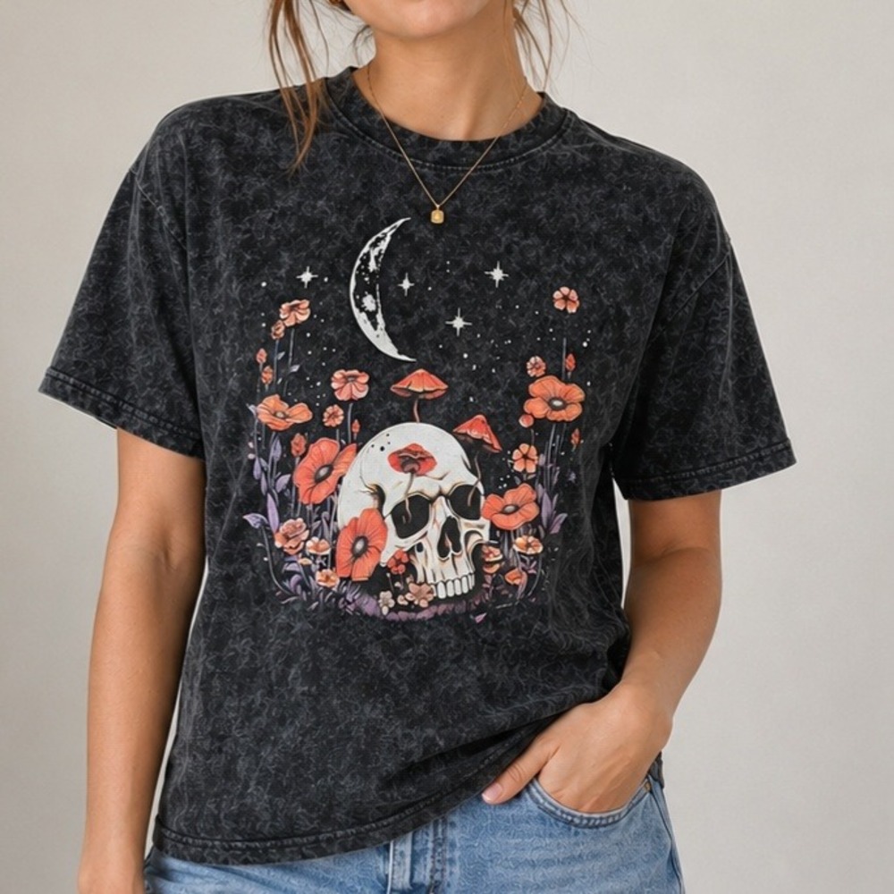 Ripple Junction Skull Mushroom Poppy Moon Graphic Tee Black Mineral Wash XS NWT